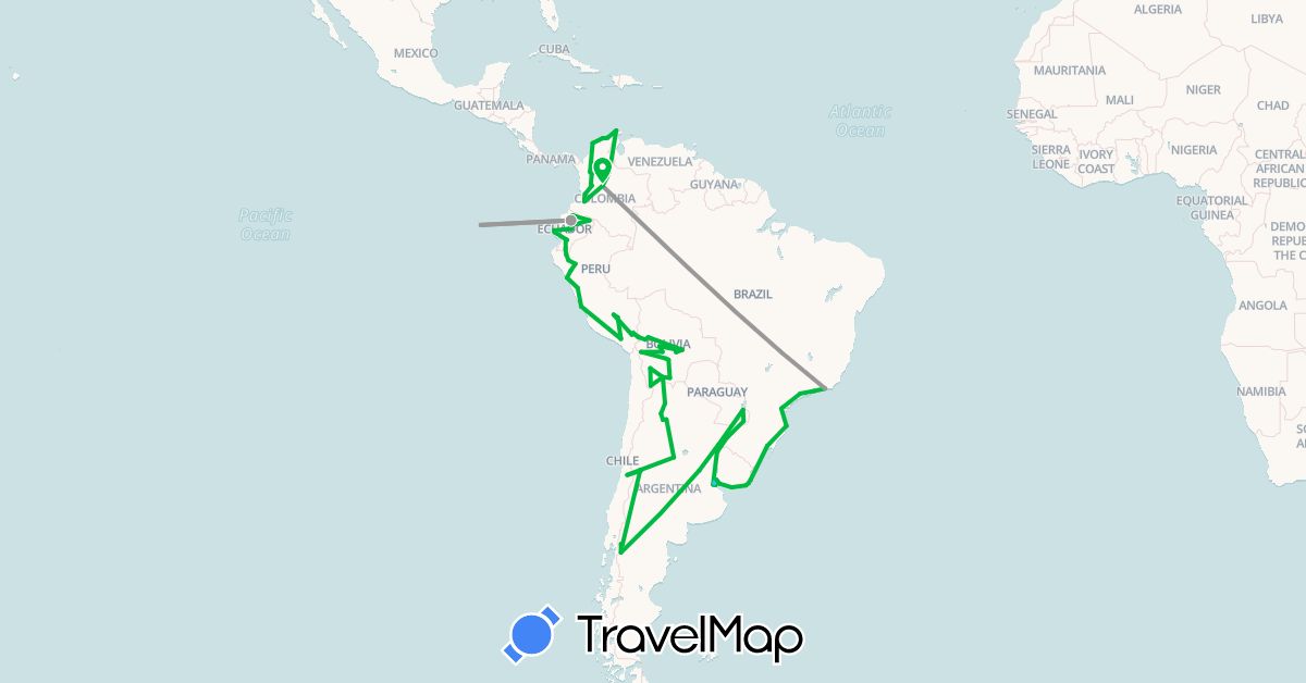 TravelMap itinerary: bus, plane, boat in Argentina, Bolivia, Brazil, Chile, Colombia, Ecuador, Peru, Uruguay (South America)
